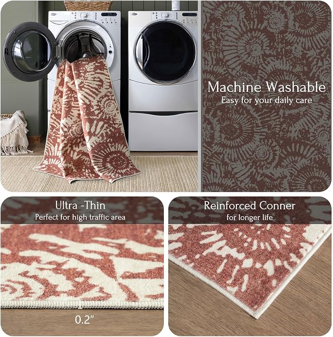 BLISSA Dining Room Rugs for Under Table - 6x9 Terracotta Washable Living Room Area Rug Non-Slip Low-Pile Modern Boho Abstract Rugs for Bedroom Dining Room Home Office Nursery Foyer Floor Carpet
