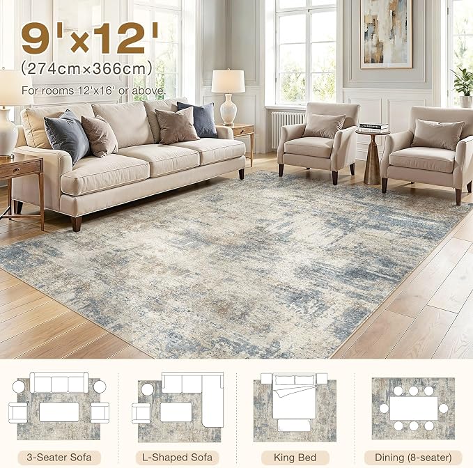 cotiled 9x12 Rugs for Living Room Abstract Soft Non Slip Washable Area Rug | Stain Resistant, Robot Vacuum & Pet Friendly, Low-pile, For Living Room, Bedroom, Dining Table, Nursery Light Blue