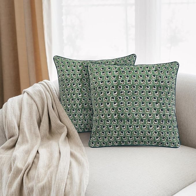 Ridhi Block Print Basil Green Pillow Cover 24" x 24" (Pack of 2) Decorative Couch Pillows for Living Room, Chic Boho Cute Outdoor Pillows Covers Gifts for Spring, Easter and Valentine