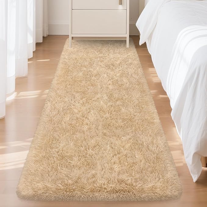 2x6 ft Beige Runner Rugs for Bedroom Living Room, Soft Plush Fluffy Throw Rug Shag Runner Carpet for Hallways Non Slip, Washable Light Beige Rug Carpet for Nursery Kids Girls Room Home Decor