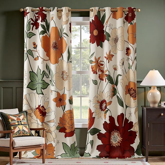 jinchan Beige Boho Floral Blackout Curtains 108 Inch Grommet 2 Panels | Room darkening, Vintage, living room, bedroom, privacy, floral print, flower pattern, fall decor, window treatments