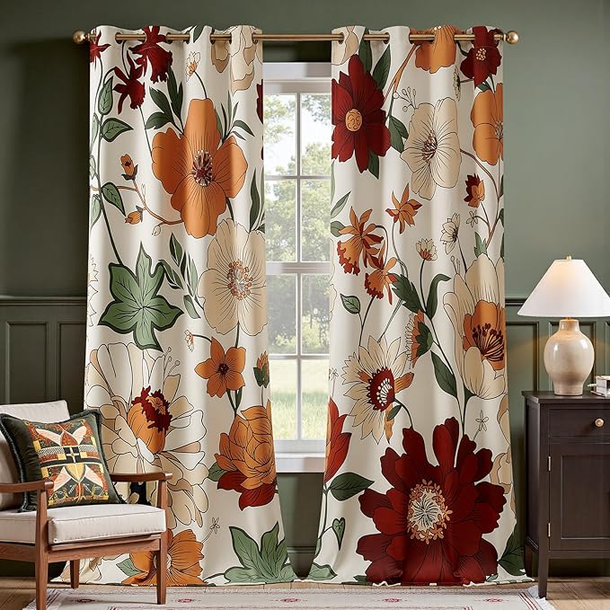 jinchan Beige Boho Floral Blackout Curtains 102 Inch Grommet 2 Panels | Room darkening, Vintage, living room, bedroom, privacy, floral print, flower pattern, fall decor, window treatments