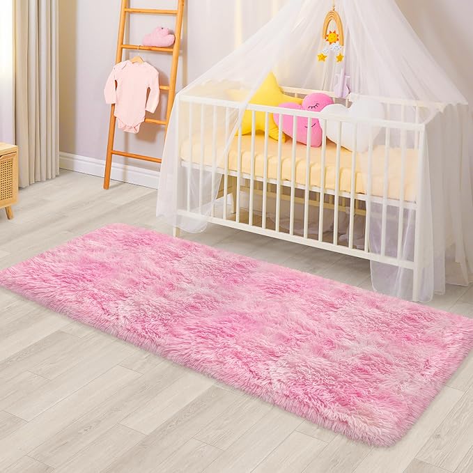 Plush Fluffy Pink Rugs for Bedroom Girls Room 2x6 Runner Pink Area Rug for Bedroom Bedside Living Room Hallway Fuzzy Shag Carpet for Kids Room Nursery
