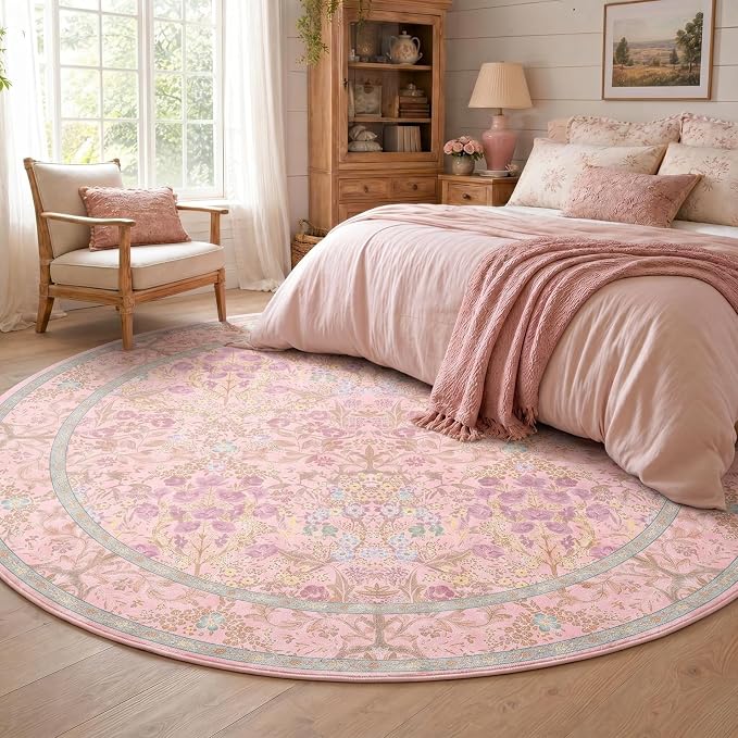 Lunasun Light Pink 6ft Round Rug for Living Room - Floral Circle Rug for Bedroom, Kids Room, Home Office, Washable Low Pile Non Slip, Pastel Green and Pink French Country Style Indoor Aesthetic Décor