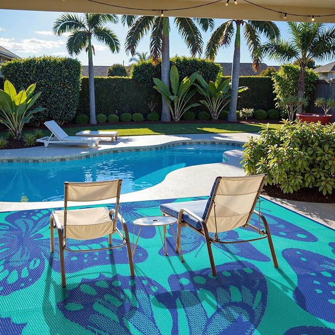 Anidaroel Butterfly Patio Rugs Outdoor 8X10 Waterproof, Reversible Plastic Straw Outside Area Rug, RV Outdoor Mat for Under Awning, Pool Deck, Picnic, Porch (Purple&Green,8‘X10')