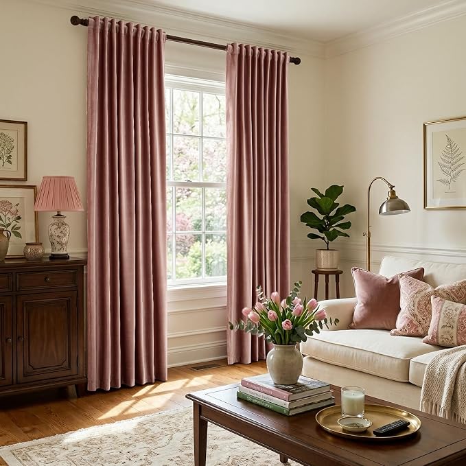 Luxury Dusty Pink Velvet Curtains 96 inches for Living Room,2 Panels Room Darkening Rod Pocket Back Tab Curtain Elegant Thermal Insulated Heavy Soundproof Noice Reducing Window Drapes for Bedroom