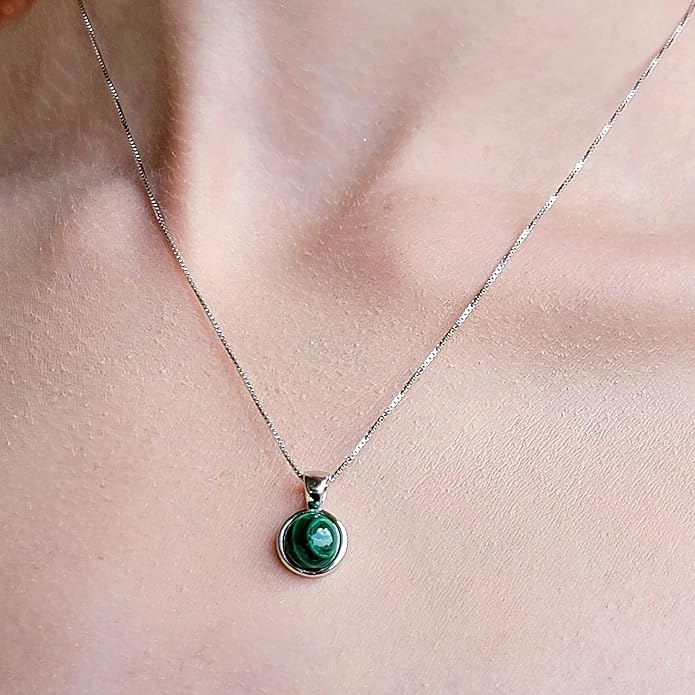 Natural gemstone 8mm round pendant with white gold over 925 sterling silver bezel cabochon plate and box chain, real genuine dainty birthstone gift for her, uniquelan jewelry