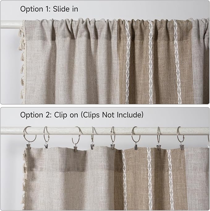 ColorBird Boho Curtains Linen-Textured for Living Room Bedroom 84 Inches Light Filtering Natral Brown Tan Farmhouse Embroidered Striped Curtains & Drapes for Dining Room Kitchen Window Treatment