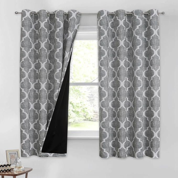 Beauoop Moroccan 100% Blackout Curtains Bedroom Grey 50x63 2 Panels | Geometric Room Darkening Drapes for Living Room 63 Inch Long Thermal Insulated Soundproof Lattice Window Treatment Grommet