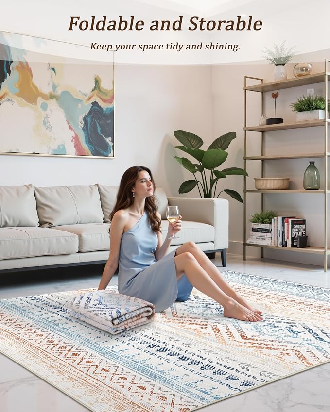 Miukiki 8x10 Area Rug for Living Room Moroccan Washable Rugs Non Slip Indoor Floor Carpet Foldable Large Soft Area Rug for Dining Room Bedroom with Low Pile(Colorful,8'x10')