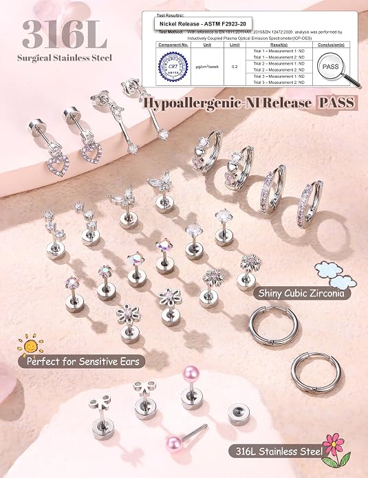 LOLIAS Hypoallergenic Flat Back Earrings for Women Girls-Surgical Stainless Steel Earrings for Sensitive Ears-Cute Flatback Stud Earring Set Small Hoops Cartilage Earring Stacks