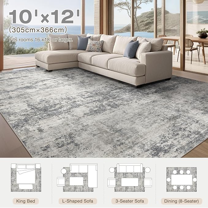 Abstract 10x12 Area Rug: Machine Washable Non Slip Ultra Thin Low-Pile Carpet, Soft Stain Resistant for Living Dining Room Bedroom, Kid Pet Friendly, Robot Vacuum Compatible - Beige Dark Grey
