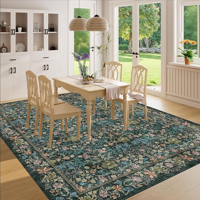 DUKINO 8x10 Area Rugs, Vintage Floral Washable Rug for Living Room, Blue | Non Slip, Low Pile, Non-Shedding, Stain Resistant, Aesthetic Soft Indoor Large Carpet for Bedroom, Dining Room, Farmhouse