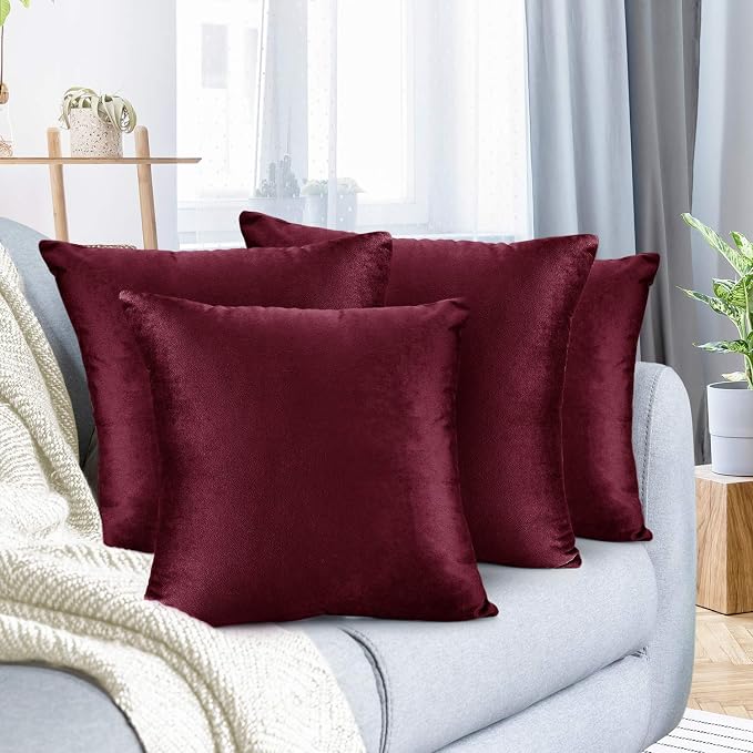Nestl Throw Pillow Covers, Cozy Velvet Decorative Pillow Cases 24 x 24 Inches, Soft Solid Couch Pillow Covers for Sofa, Bed and Car, Set of 4 - Burgundy Red