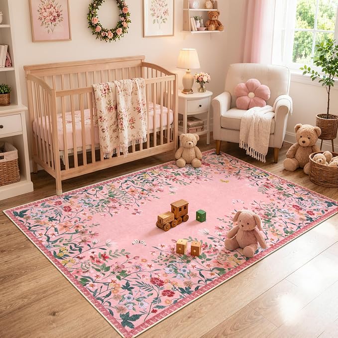 Wonnitar 4x6 Washable Area Rug, Pink Rug for Girls Bedroom, Boho Floral Nursery Rug, Non Slip Accent Carpet for Kids Room, Farmhouse Flower Dorm Vanity Indoor Decor (4x6 Pink)