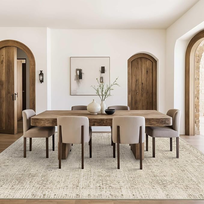 Rugxara Beige 8x10 Area Rugs for Living Room Bedroom Large Washable Rug | Rug for Dining Room Office, Non Slip, Stain Resistant, Soft, Low Pile, Vintage Boho Retro Carpet, Washable,Home Decor