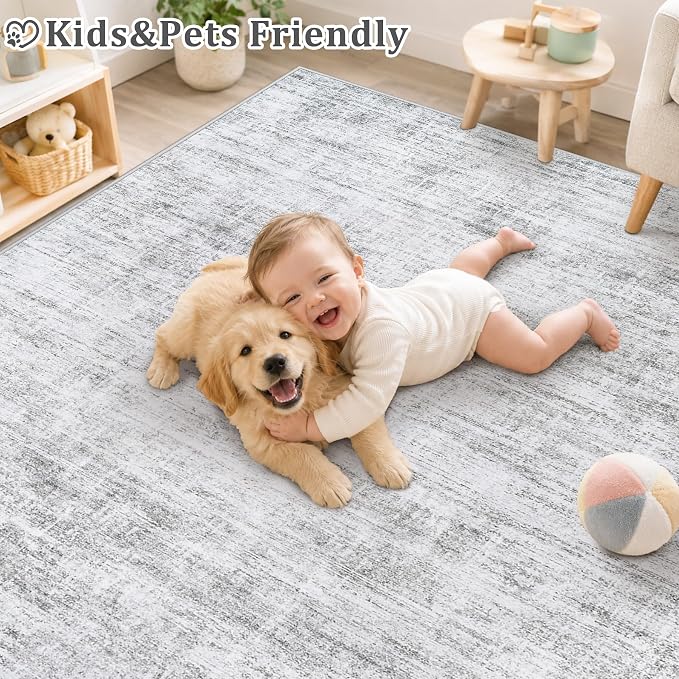8x10 Area Rugs for Living Room Washable Rugs Neutral Abstract Large Rug Soft Modern Carpet Non-Slip Stain Resistant Low Pile Rug for Bedroom Dining Room Nursery Home Office Under Table Area Rug Grey
