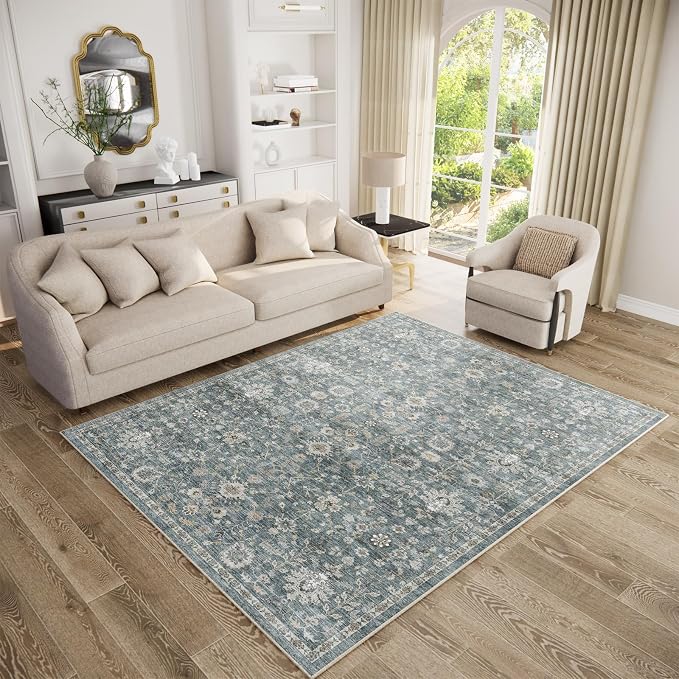 Washable Rugs for Living Room: 5x7 Area Rugs for Bedroom Ultra Soft Non-Slip Stain Resistant Vintage Boho Large Carpet for High-Traffic Dining Room - Farmhouse Decor