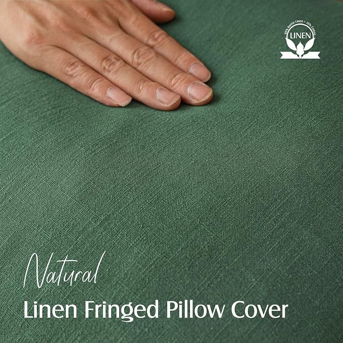 Foindtower Set of 2 Decorative Linen Fringe Throw Pillow Covers Cozy Boho Farmhouse Cushion Cover with Tassels Soft Accent Pillowcase for Couch Sofa Bed Living Room Home Decor, 24×24 Inch, Pine Green