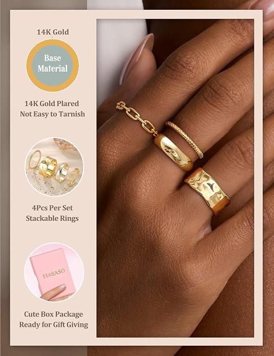 FIASASO Chunky Gold Rings for Women Non Tarnish - 4Pcs 14K Gold Plated Dainty Stackable Ring Set Trendy Hypoallergenic Thick Dome Statement Finger Knuckle Rings Pack Size 5-10