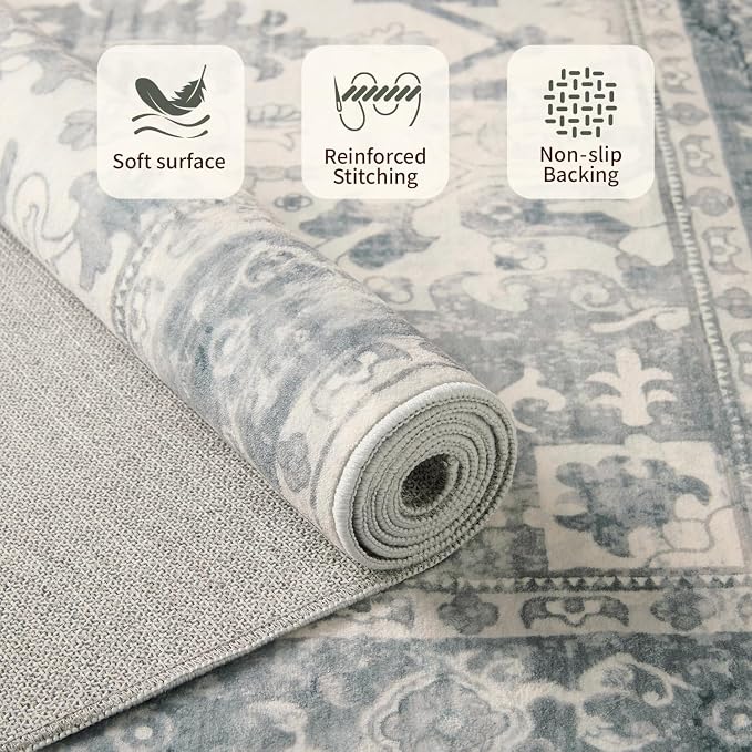 Rugxara 2x5 Hallway Runner Rug, Non Slip Boho Runner Rugs for Hallway, Kitchen, Entrance, Bathroom, Laundry Room, Soft Ultra-Thin Entryway Carpet, Throw Low Pile Retro Imitation Wool Carpet, Blue Grey