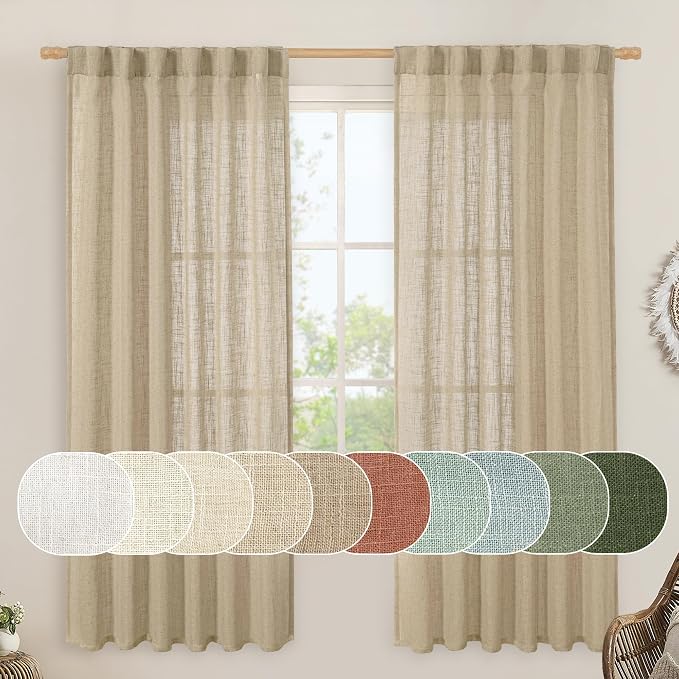 LAMIT Linen Blended Curtains for Bedroom, Faux Linen Textured Light Filtering Drapes Back Tab and Rod Pocket Boho Burlap Panels for Farmhouse/Living Room, 2 Panels, 52 x 72 Inch, Brown