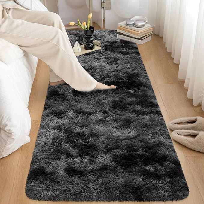 2x10 Feet Tie-Dye Black Grey Runner Rug for Bedroom Bedside, Soft Fluffy Long Shag Carpet Runner for Hallway, Machine Washable Rug for Living Room, Kids Room Boys, Dorm, Nursery, Home Decor