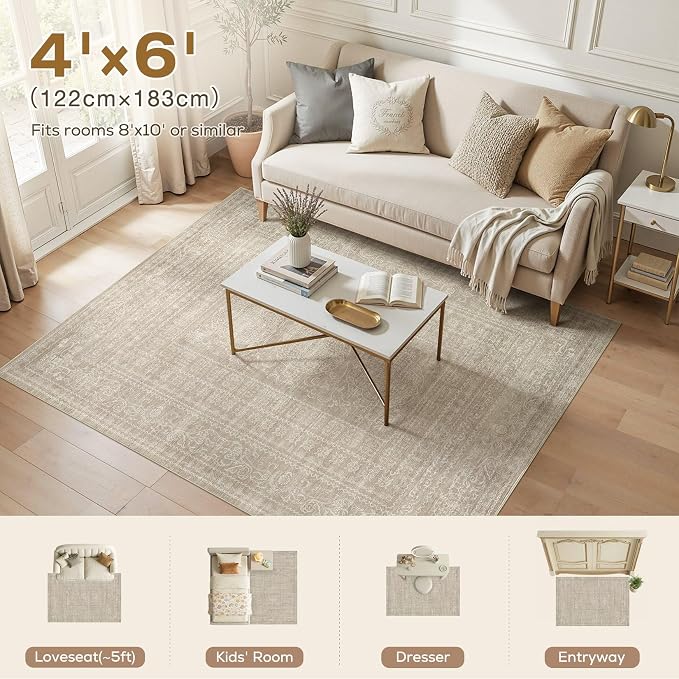 Nakagishi 4x6 Area Rugs Living Room: Washable Large Vintage Rug Neutral Non-Slip Soft Stain Resistant Indoor Carpet for Bedroom Nursery Dining Room Office Playroom - Brown