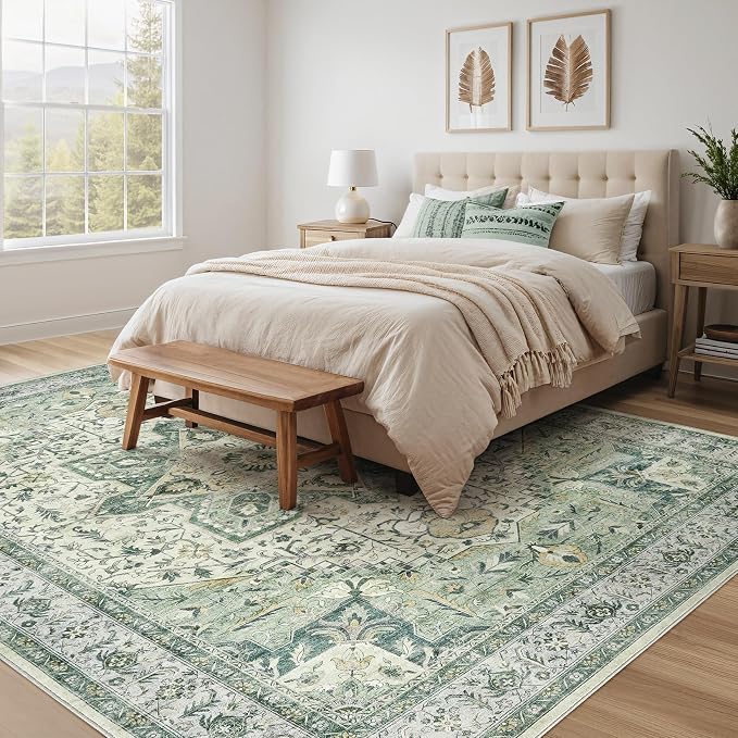 Tortania Area Rug Living Room Rugs - 10x14 Washable Boho Rug Vintage Oriental Distressed Farmhouse Large Thin Indoor Carpet for Living Room Bedroom Under Dining Table Home Office - Green