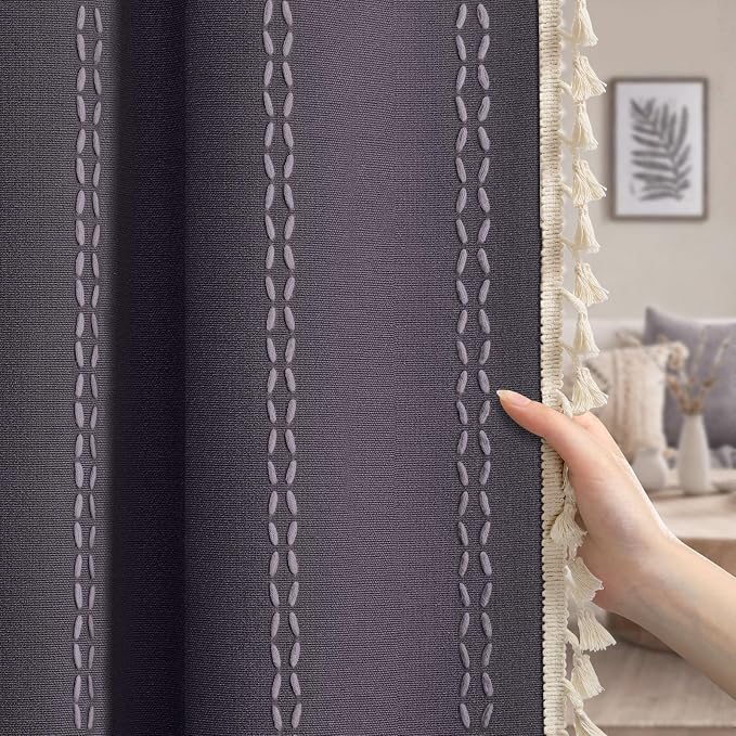 Gray Purple Boho Blackout Curtains 2 Panels 84 Inch for Living Room Bedroom, Linen Texture Farmhouse Curtains with Tassels and Purple Cotton Embroidery Vintage Rustic Country