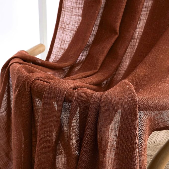MIULEE Burnt Orange Short Linen Curtains 45 Inch Length 2 Panels for Kitchen Bedroom Bathroom, Soft Thick Linen Textured Basement Window Drapes Semi Sheer Light Filtering Back Tab Fall Decorations