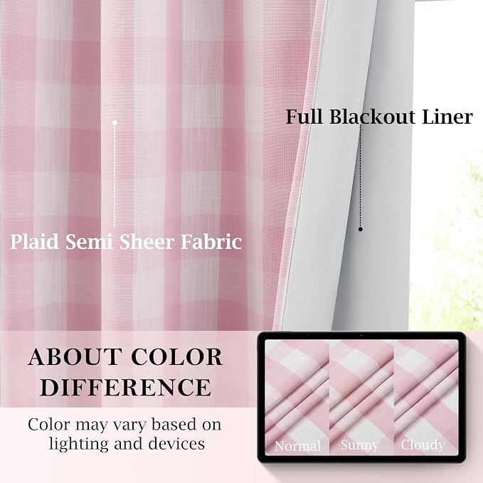 95 Inch Buffalo Plaid Full Blackout Curtains Bedroom Living Room | Pink White Girls Room Thermal Insulated Drapes,Modern Window Treatment,Rod Pocket Back Tabs,Pink/White(Pack of 2)