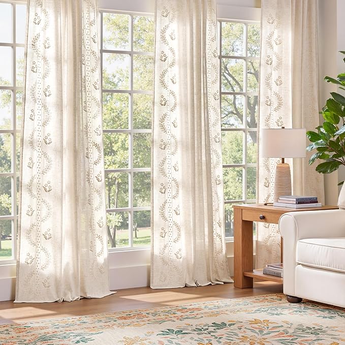 jinchan Floral Linen Curtains 63 Inch Farmhouse Back Tab 2 Panels Ivory | Embroidered curtains,boho curtains,living room,bedroom,light filtering,privacy,flower patterned drapes,window treatment