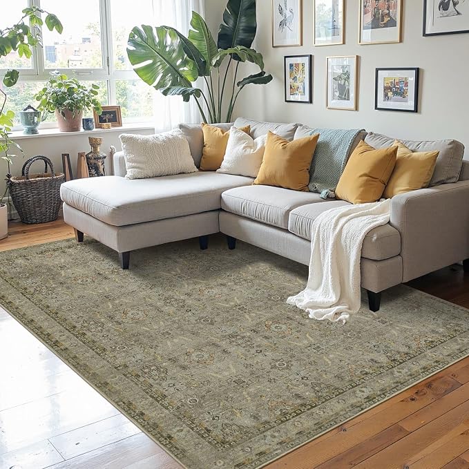 Rugxara 4x6 Area Rug Washable Rug for Living Room Bedroom, Olive Brown | Non Slip, Throw Rug for Entryway Dining Room Office Kids Room, Stain Resistant, Soft, Low Pile, Vintage Boho Floral Carpet