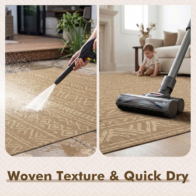MontVoo-Outdoor Rug-Patio Rug 6x9 Polypropylene Indoor Outdoor Rugs Outdoor Carpet for Patio Deck Balcony Porch, Textured Weave, Durable for High Traffic, Fade-Resistant, Boho Farmhouse Neutral Brown