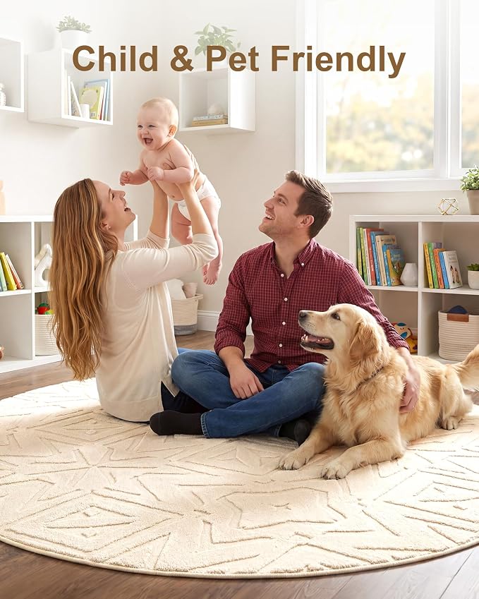 Carvapet 6.5' Round Rug Washable High Low Pile Area Rug Soft Plush Beige Carpet for Living Room Bedroom Non Slip Indoor Floor Rug for Home Kids Nursery Decor