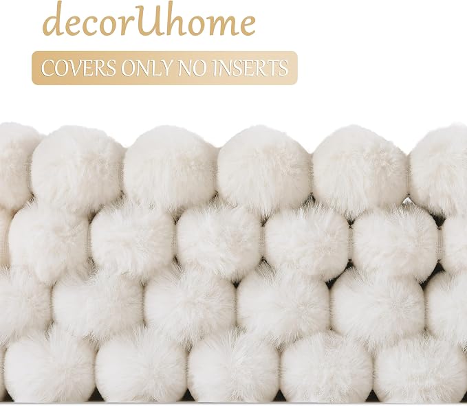 decorUhome Fall Faux Fur Throw Pillow Covers 18x18 Set of 4 Cream White | Decorative Modern Farmhouse Soft Cozy Striped Pillow Cases Velvet Back for Sofa Bed Living Room Classic Accent Home Decor