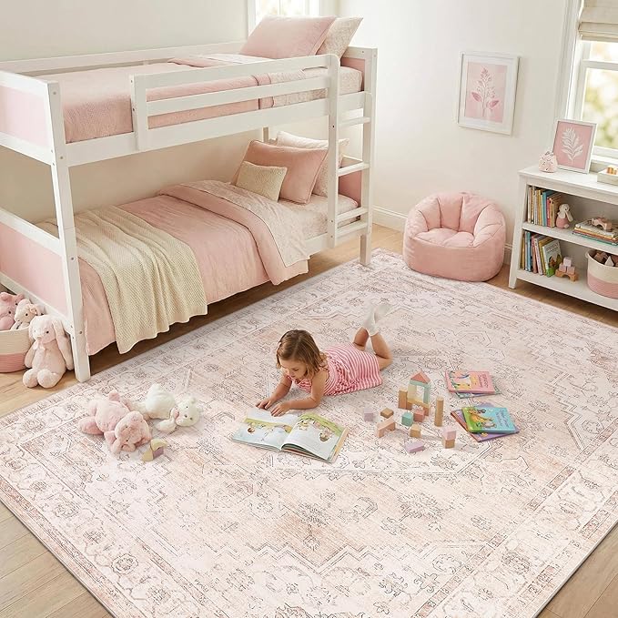 Garvee Pink Girls Bedroom 6x9 Area Rugs for Living Room, Boho Vintage Non-Slip Washable Low-Pile Stain Resistant Soft Carpet for Bedroom Home Office Nursery Kitchen Room Decor