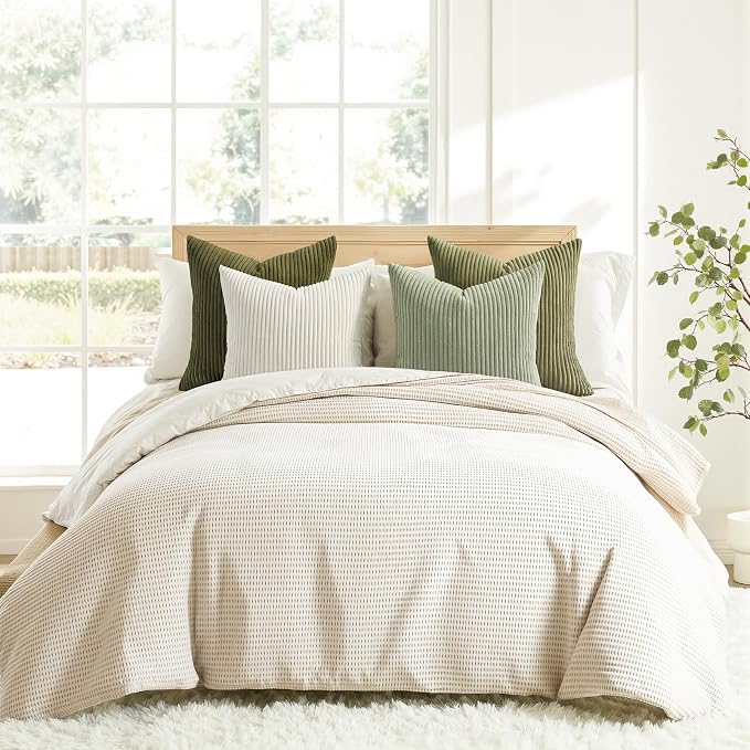 Topfinel Green White Spring Pillow Covers 22x22 Inch Set of 4 Boho Nordic Cushion Covers Soft Corduroy Home Decor for Couch Bed Sofa Living Room