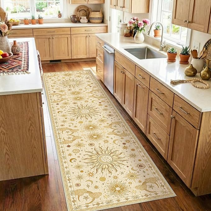 Vacuum-Friendly, 2x8 Washable Area Rug, Beige Camel Brown | Sun and Moon Boho Gothic Non-Slip Low Pile Living Roon Bedroom Dining Room Kitchen Entry Entryway Entrance Hallway Doormat