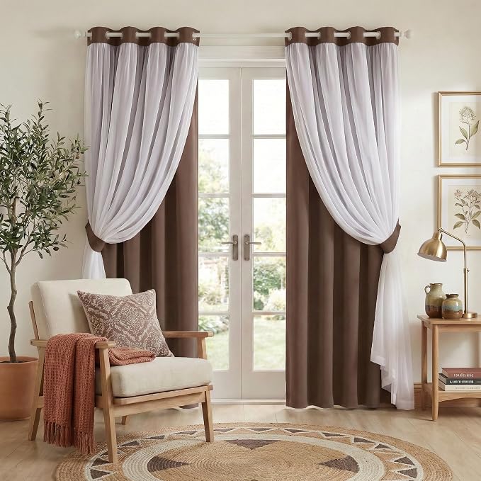 PONY DANCE Window Curtains & Drapes - Grommet Top Blackout Curtains with Crushed Sheer Tie Backs for Living Room Cortinas para Sala, 52 W x 84 L in, Mocha, 2 PCs