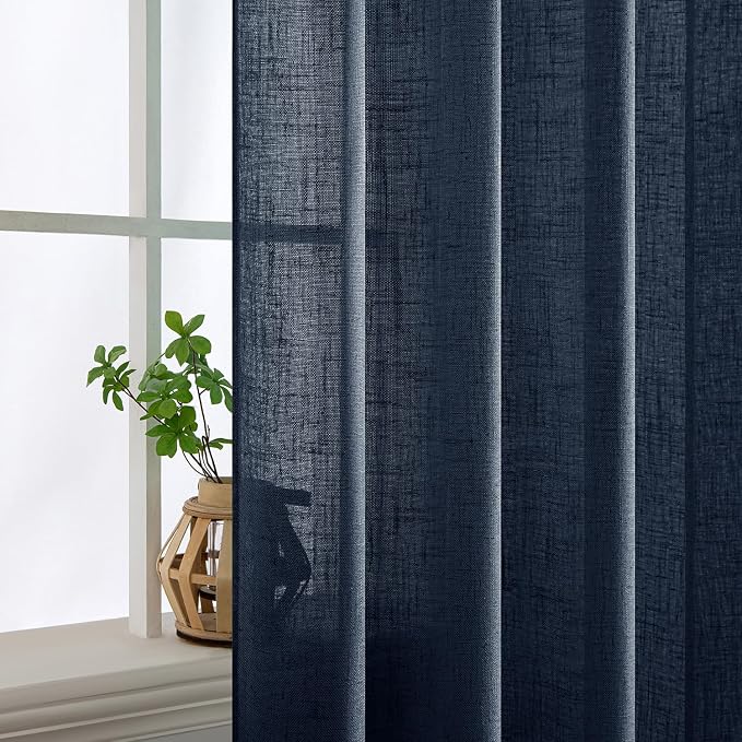 MIULEE Navy Blue Linen Curtains 63 Inch Length 2 Panels for Bedroom Living Room, Soft Thick Linen Textured Natural Kitchen Window Drapes Semi Sheer Light Filtering Back Tab Rod Pocket Burlap Look