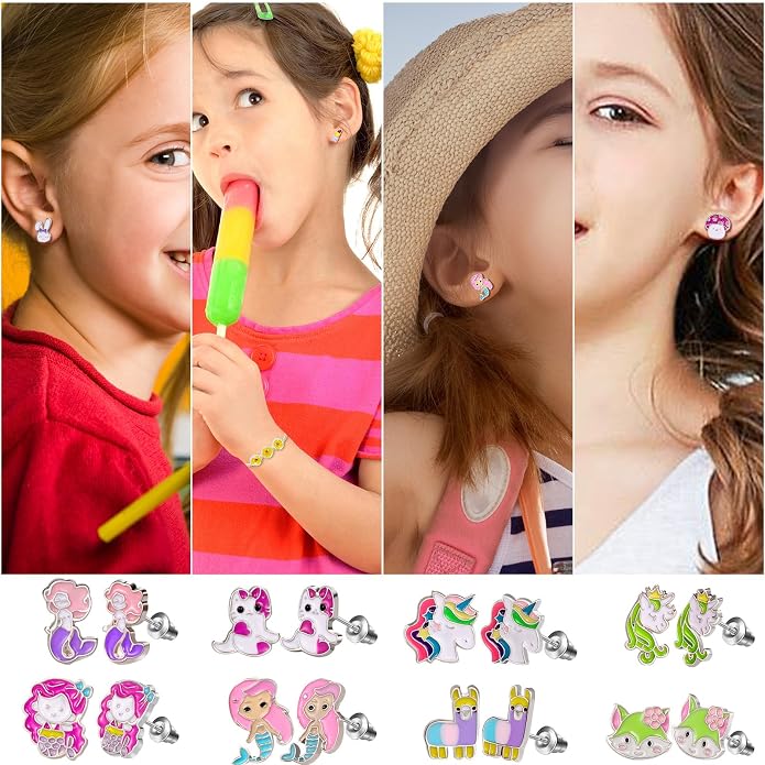 60 Pairs Cute Earrings Set - Hypoallergenic Stainless Steel Studs with Cartoon Characters, Colorful Faux Pearls & Sparkling Cubic Zirconias