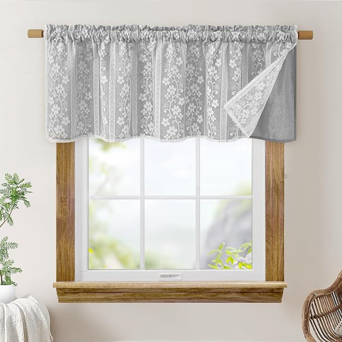 ASPMIZ Linen Farmhouse Kitchen Curtains, Double Layered Valances for Windows with Linen and Lace, Rustic Curtains for Bathroom Window, Kitchen, Cafe Curtain 18 Inch Length Rod Pocket, 52 x 18, Grey