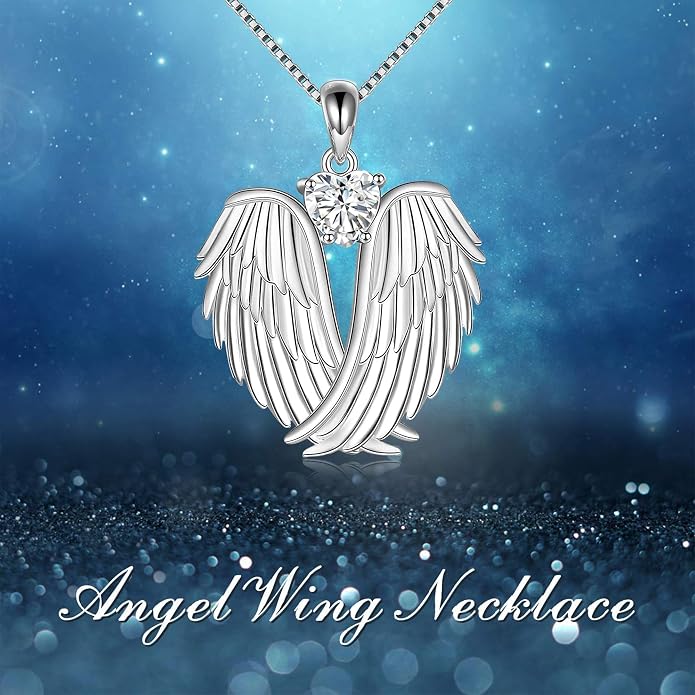 YFN Angel Wings Necklace 925 Sterling Silver Guardian Angel Wings Pendant Necklace Birthstone Necklace for Women Girls Christmas Jewelry Gifts