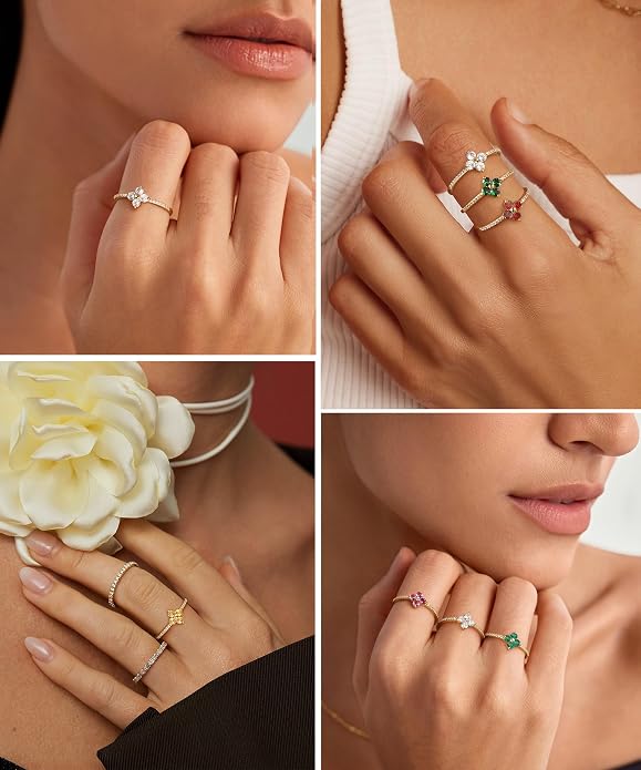 KOHOTA Birthstone Gold Rings for Women Non Tarnish 14K Gold Plated Stackable Rings Dainty Clover Flower CZ Gemstone Green Emerald Ring Engagement Wedding Band Jewelry Birthday Gifts Size 5-10