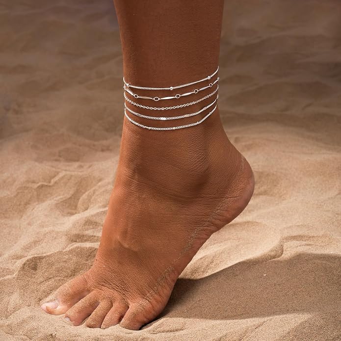 Silver/Gold Anklets for Women, Sterling Silver Evil Eye Ankle Bracelets for Women Trendy Dainty Waterproof Anklets Set Adjustable Layered Anklet Bracelets for Women Silver Jewelry Gift