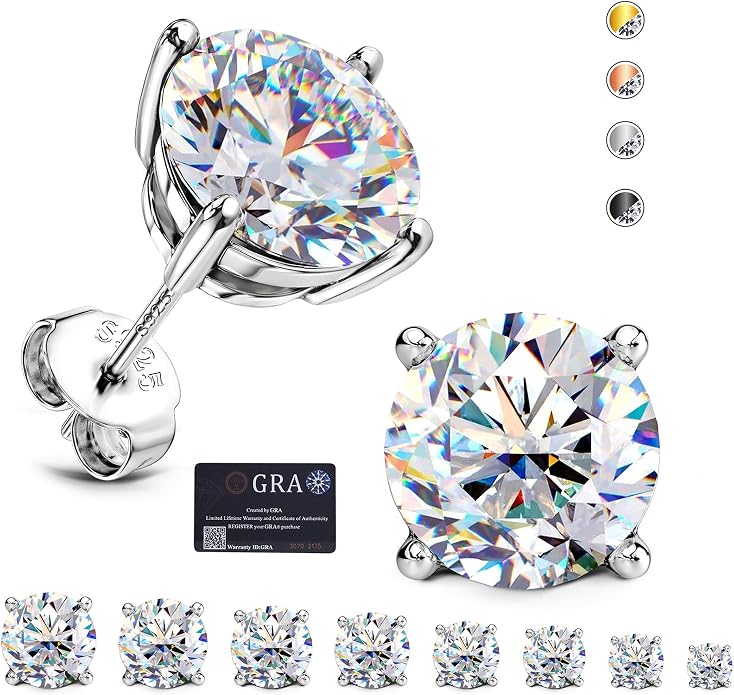 Moissanite Stud Earrings : 18K White Gold Plated Solid 925 Sterling Silver Earring Hypoallergenic Dainty Flat Back Stud Earrings Jewelry for Women Men D Color VVS1 Clarity