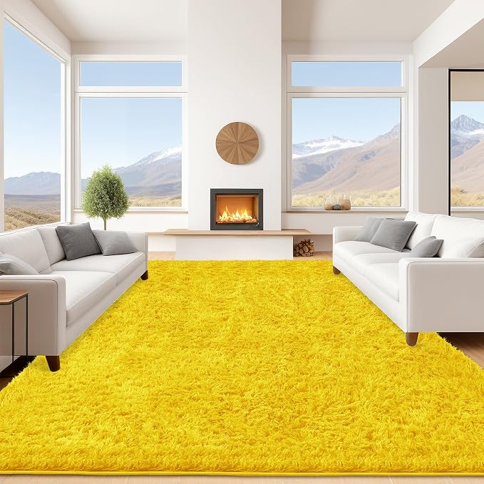 9x12 Yellow Fluffy Shag Area Rugs for Living Room Bedroom Nursery | Ultra Soft Comfy, Large Fuzzy Shaggy Plush Carpet for Boys Kids Girls Teen Dorm, Modern Indoor Home Decor, Upgrade Non-Slip