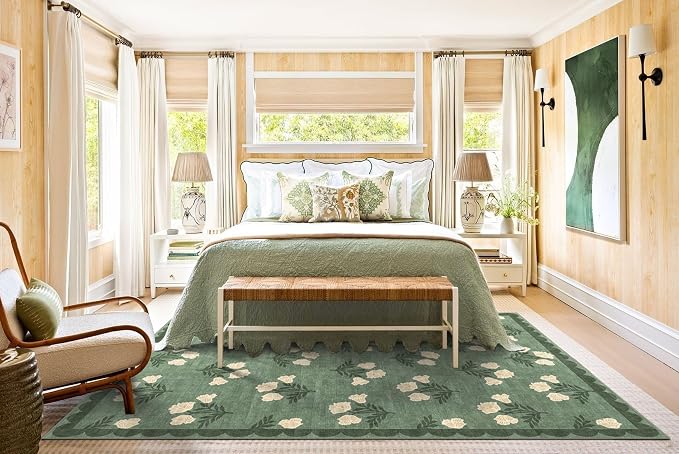Green 5x8 Living Room Area Rug - Washable Boho Floral Scalloped Bedroom Rug Stain Resistant Dining Room Rugs for Under Table Non Slip Vintage Modern Farmhouse Rugs for Bedroom Nursery Decor